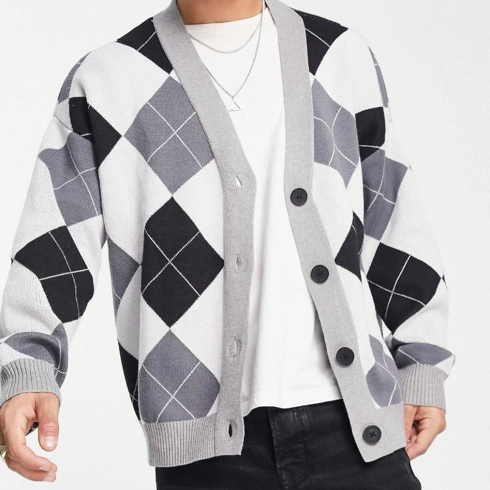 Bershka Argyle Cardigan Black White Charcoal Grey Mens Sweater Sz Small ASOS NWT